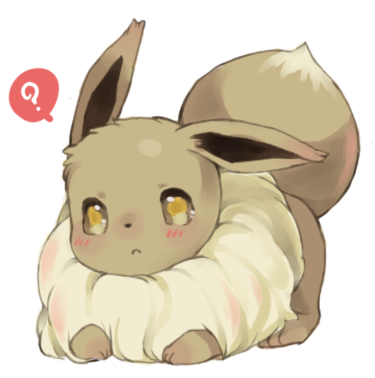 :&lt; ? animal_focus blush brown_sclera brown_theme closed_mouth colored_sclera commentary eevee english_commentary expressionless fluffy full_body fur_collar looking_at_viewer lying no_humans on_stomach pokemon pokemon_(creature) puddingx2 simple_background solo speech_bubble spoken_question_mark white_background yellow_eyes