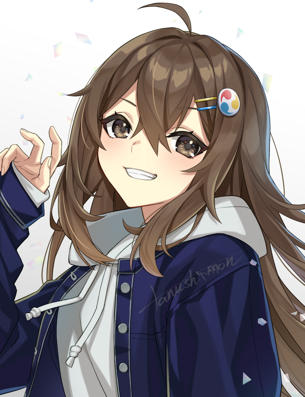 1girl ahoge bangs blue_jacket borrowed_character brown_eyes brown_hair commentary_request commission drawstring fingernails grey_hoodie grin hair_between_eyes hair_ornament hairclip hand_up highres hood hood_down hoodie jacket long_hair long_sleeves looking_at_viewer mitsudomoe_(shape) open_clothes open_jacket original ponkichi_(hazama_senkonmeiraku) shiny shiny_hair sidelocks signature skeb_commission sleeves_past_wrists smile solo tomoe_(symbol) unbuttoned upper_body white_background