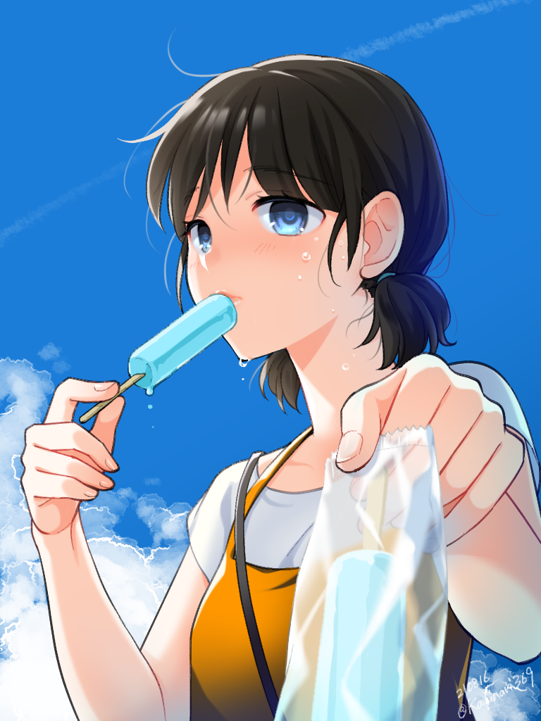 1girl artist_name black_hair blue_eyes blue_sky clouds commentary_request food holding holding_food original outdoors popsicle rai_miruku shirt short_hair short_sleeves short_twintails sky solo summer sweat twintails twitter_username upper_body watermark white_shirt