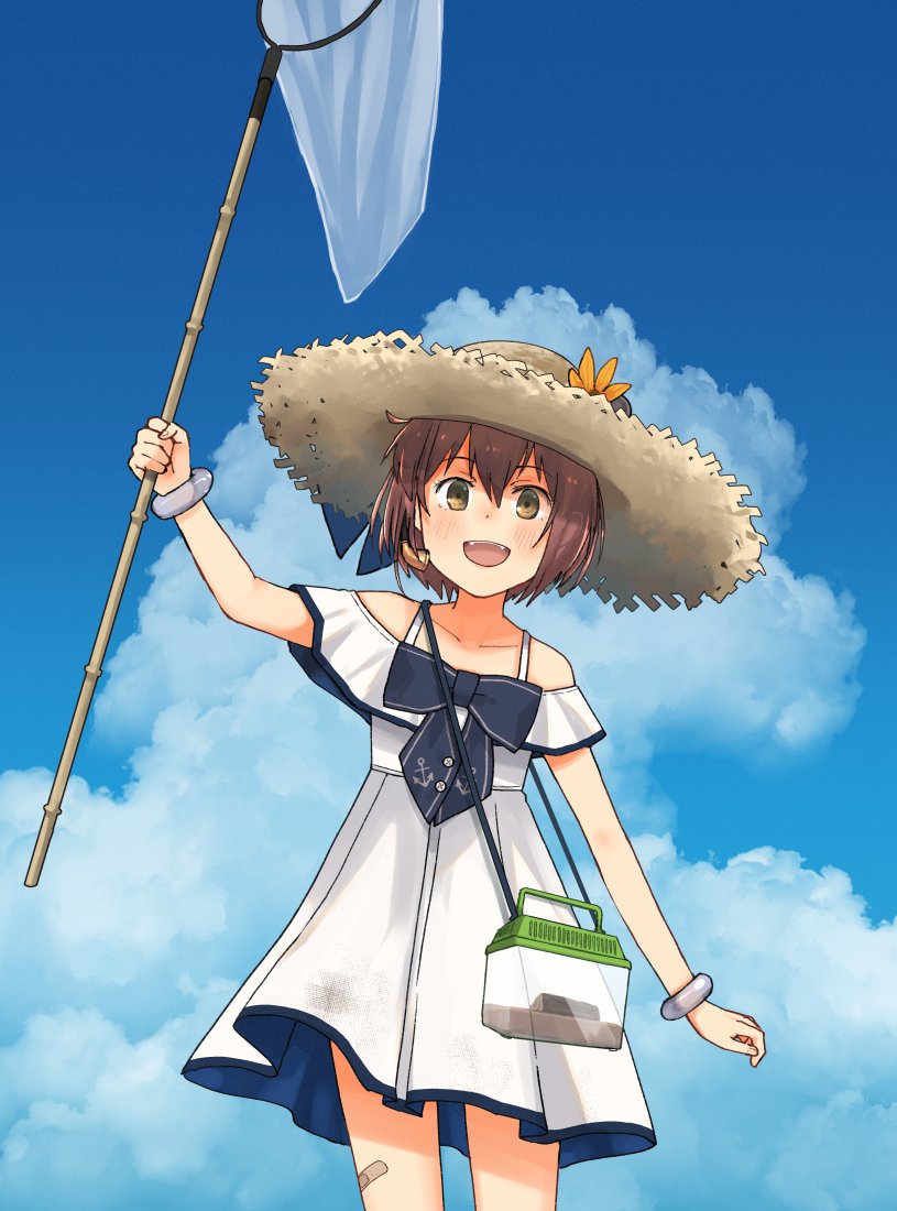 1girl annin_musou bandaid bandaid_on_leg blue_sky blush brown_eyes brown_hair butterfly_net clouds cloudy_sky collarbone cowboy_shot day dress flower hair_between_eyes hand_net hat hat_flower holding holding_butterfly_net insect_cage kantai_collection looking_at_viewer official_alternate_costume open_mouth short_hair sky smile solo straw_hat sun_hat white_dress yellow_flower yukikaze_(kancolle)