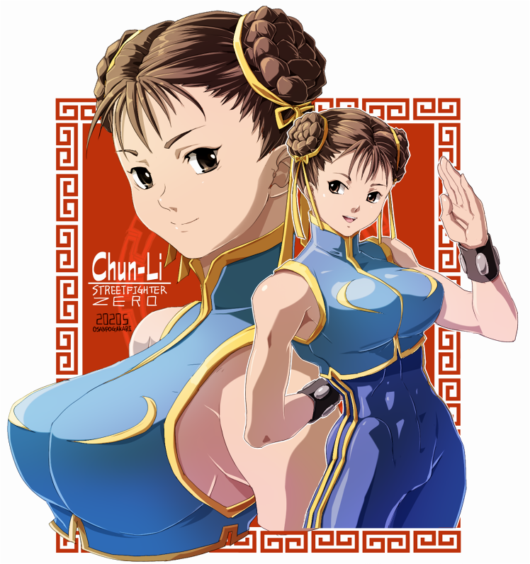 1girl bracelet breasts brown_eyes brown_hair character_name chun-li closed_mouth dated double_bun hair_bun hair_ribbon jewelry looking_at_viewer open_mouth osanpogakari ribbon short_hair smile solo street_fighter street_fighter_zero_(series)