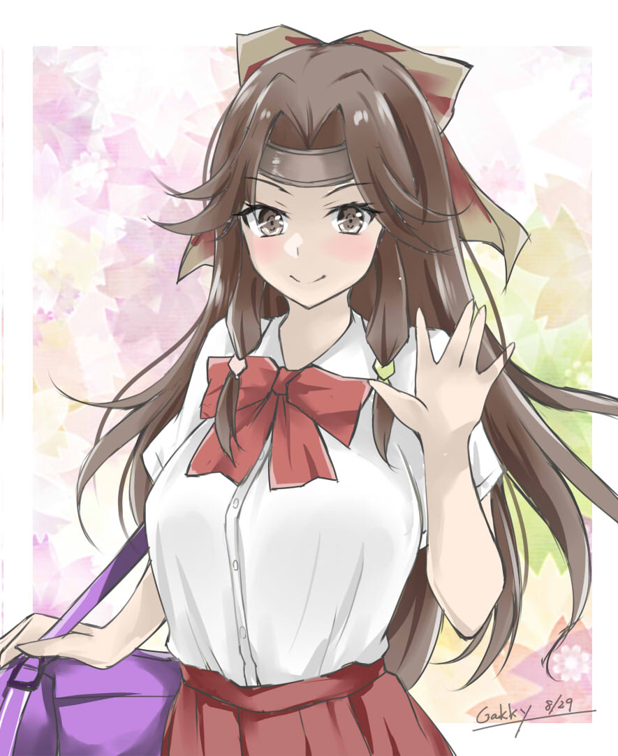 1girl alternate_costume bag brown_eyes brown_hair collared_shirt commentary_request dress_shirt forehead_protector gakky hair_intakes half_updo jintsuu_(kancolle) kantai_collection long_hair looking_at_viewer one-hour_drawing_challenge red_skirt school_bag school_uniform shirt skirt solo upper_body waving white_shirt
