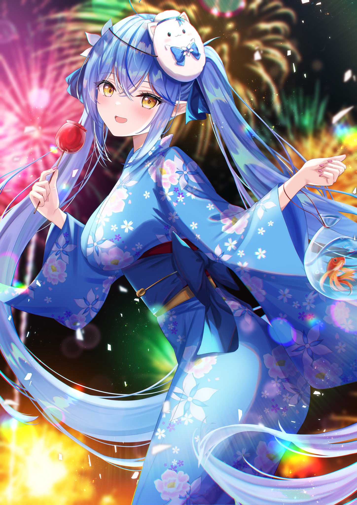 1girl ahoge blue_hair blue_kimono blush breasts candy_apple fireworks fish flower food goldfish hair_flower hair_ornament heart heart_ahoge highres hololive japanese_clothes kimono looking_at_viewer mask mask_on_head night obi open_mouth pointy_ears pom_illust1561 sash smile twintails virtual_youtuber yellow_eyes yukata yukihana_lamy