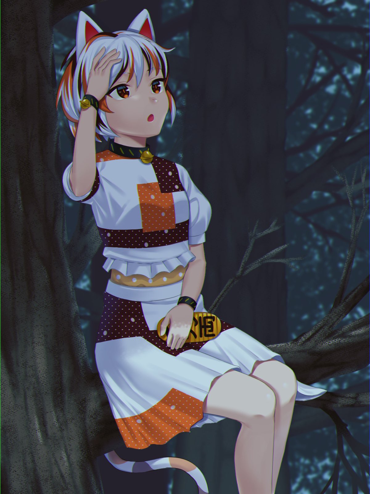 1girl animal_ears bangs bell breasts c_i_an calico cat_ears cat_girl cat_tail coin gold goutokuji_mike highres jingle_bell koban_(gold) medium_skirt multicolored_clothes multicolored_hair multicolored_shirt multicolored_skirt neck_bell night open_mouth orange_eyes outdoors patch patchwork_clothes puffy_short_sleeves puffy_sleeves short_hair short_sleeves sitting skirt small_breasts solo streaked_hair tail touhou tree white_hair