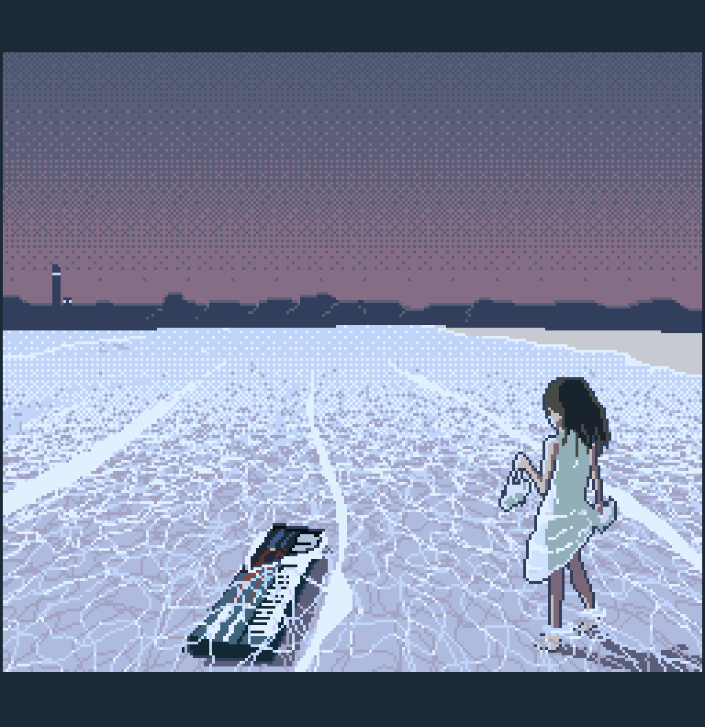 1girl animated animated_gif barefoot beach brown_hair caustics dress evening from_behind holding holding_shoes horizon instrument keyboard_(instrument) letterboxed lighthouse long_hair looking_afar looping_animation motocross_saito original outdoors pixel_art scenery shoes silhouette skirt_hold solo standing sundress twilight wading water waves white_dress white_footwear wind