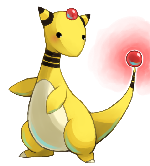 ampharos animal_focus black_eyes blank_eyes blush commentary english_commentary forehead_jewel full_body gem glowing glowing_tail looking_back no_humans pokemon pokemon_(creature) puddingx2 red_gemstone simple_background solo standing white_background