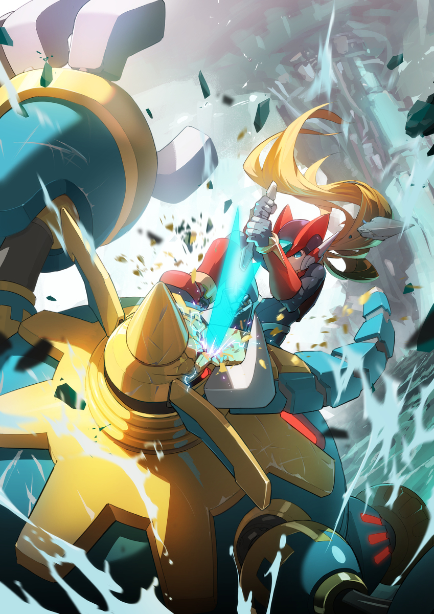 2boys android armor battle blonde_hair bodysuit energy energy_sword gloves helmet highres holding holding_weapon indoors long_hair maha_ganeshariff male_focus mega_man_(series) mega_man_zero multiple_boys non-humanoid_robot ponytail robot robot_animal sword tanziya_(codlxcold) very_long_hair weapon zero_(mega_man)