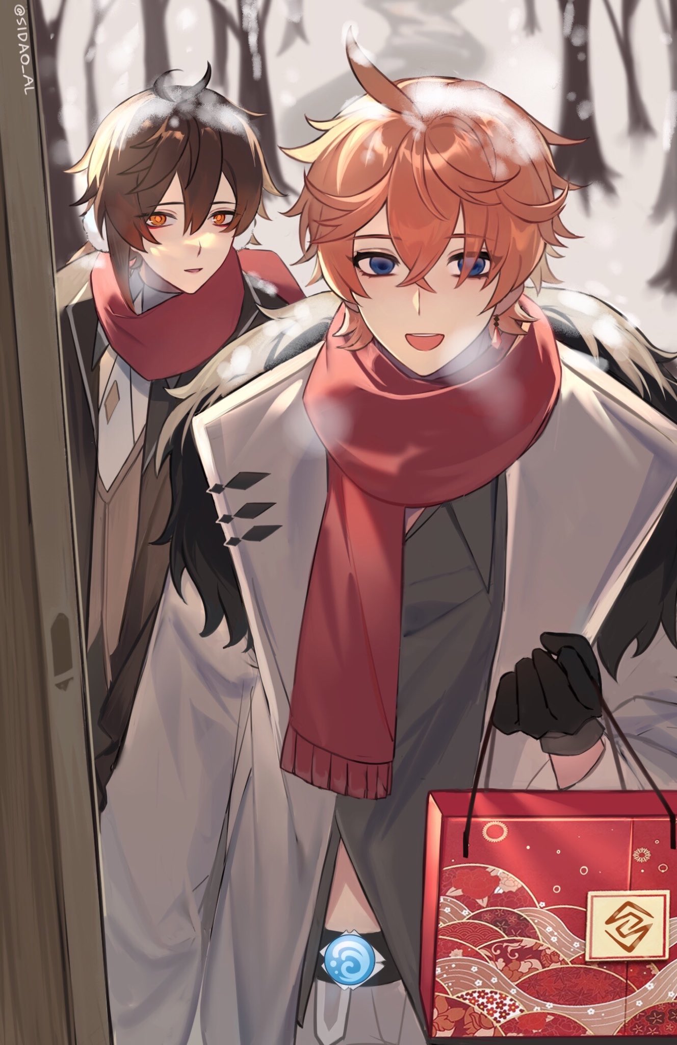 2boys :d ahoge artist_name bag bangs belt black_belt black_gloves blue_eyes brown_eyes brown_hair brown_vest coat collared_shirt commentary_request crossed_bangs day doorway earmuffs fur-trimmed_coat fur_trim genshin_impact gift_bag gloves grey_coat grey_pants grey_shirt hair_between_eyes hand_up highres holding holding_bag lapels long_sleeves looking_at_viewer male_focus multiple_boys necktie open_clothes open_coat open_mouth orange_hair pants path pov_doorway red_scarf scarf shirt short_hair sidao_al smile snow snow_on_head snowing standing tartaglia_(genshin_impact) tree vest vision_(genshin_impact) white_necktie winter zhongli_(genshin_impact)