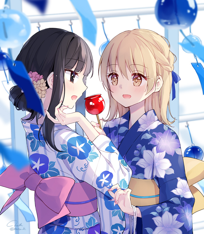 2girls :o bangs black_eyes black_hair blonde_hair blue_ribbon blunt_bangs blurry blurry_background blurry_foreground braid candy candy_apple depth_of_field floral_print flower food hair_bun hair_flower hair_ornament hair_ribbon hand_up hazuki_natsu holding holding_candy holding_food japanese_clothes kimono light_particles long_hair looking_at_another multiple_girls nail_polish obi open_mouth original pink_flower pink_nails pink_sash purple_kimono ribbon sash sidelocks signature single_braid twitter_username white_background white_kimono wind_chime yellow_eyes yellow_flower yellow_sash