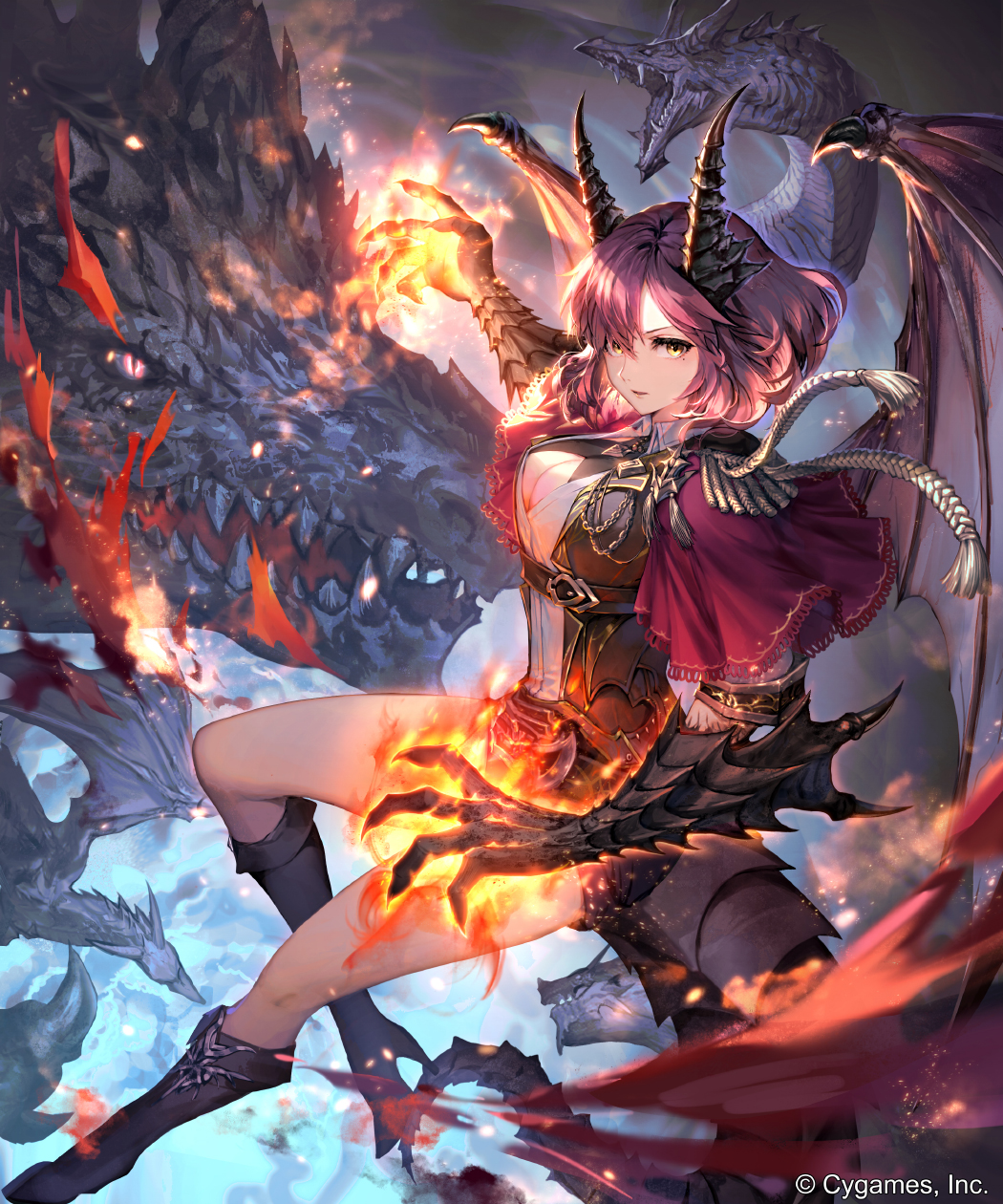1girl armor bangs boots breasts capelet claws dragon dragon_girl dragon_horns dragon_tail dragon_wings english_text fantasy fire flying full_body highres horns irua knee_boots large_breasts looking_at_viewer medium_hair mole mole_under_eye open_clothes open_shirt original pink_hair red_capelet scales shadowverse sharp_teeth shirt shorts tail teeth wings yellow_eyes
