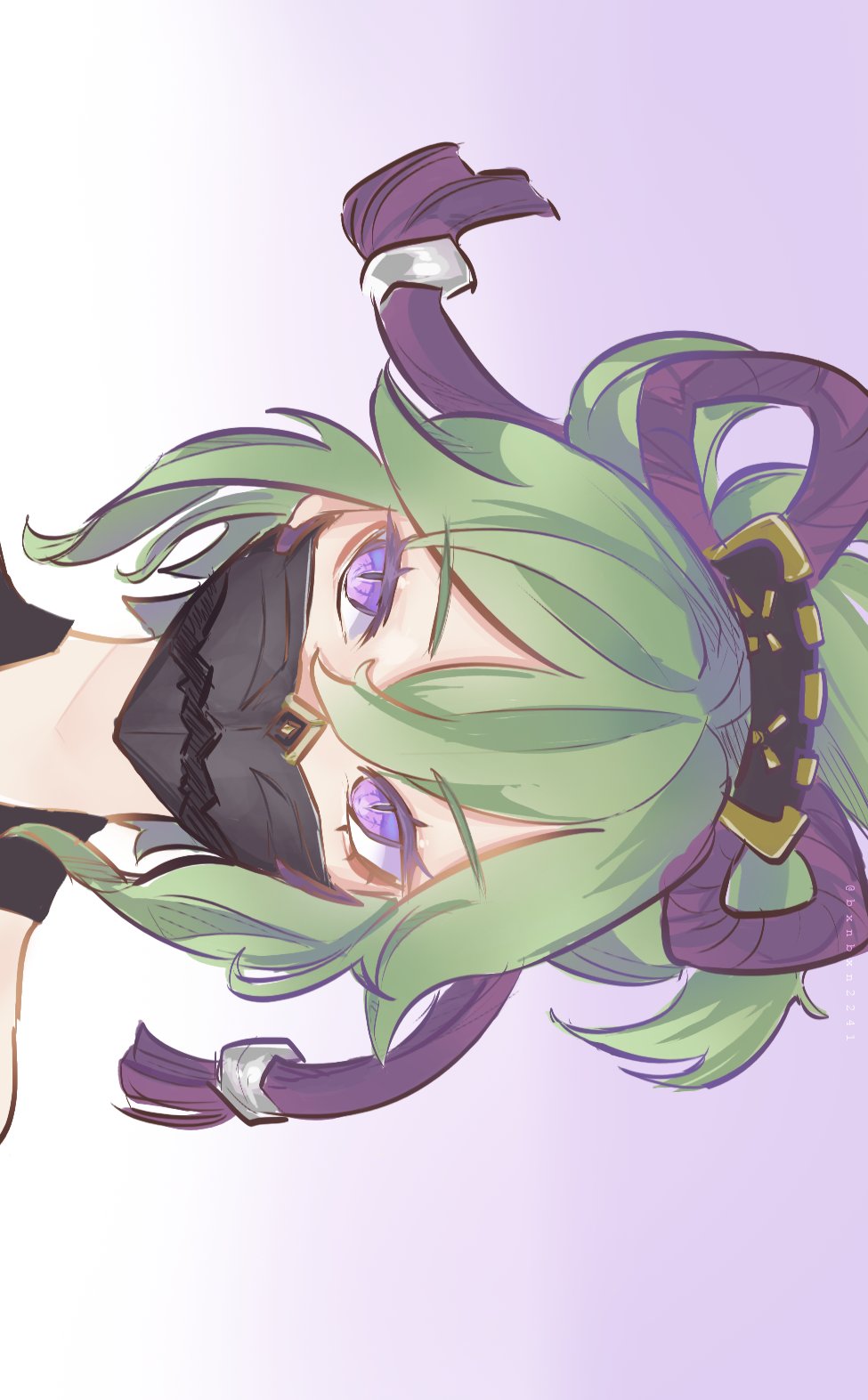 1girl bon_(bxnbxnn_) english_commentary genshin_impact gradient gradient_background green_hair highres kuki_shinobu looking_to_the_side mask mouth_mask ninja_mask ponytail portrait sideways solo violet_eyes