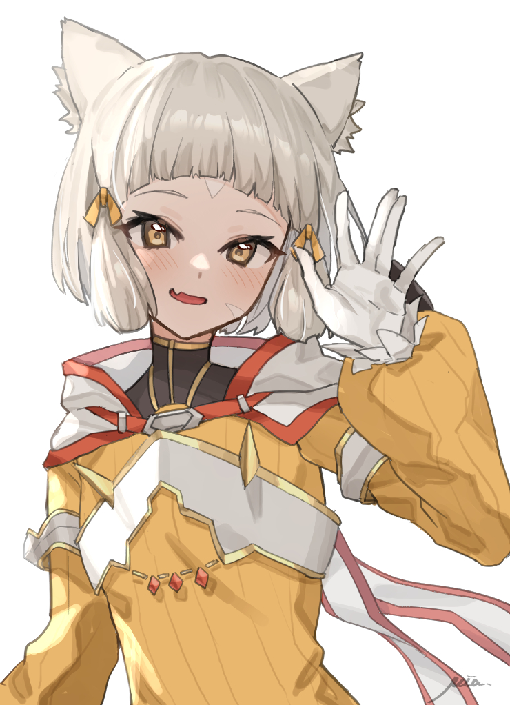 1girl animal_ears bangs blunt_bangs bodysuit breasts cat_ears facial_mark flat_chest gloves grey_hair miaxkr nia_(xenoblade) short_hair small_breasts solo white_gloves xenoblade_chronicles_(series) xenoblade_chronicles_2 yellow_bodysuit yellow_eyes