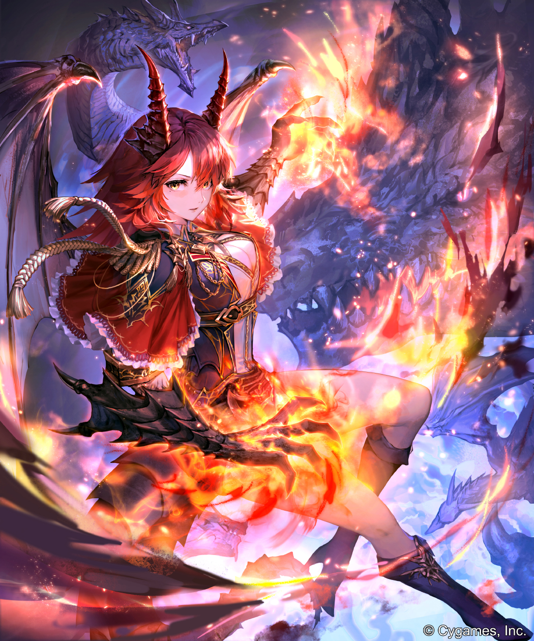 1girl bangs boots capelet claws collared_shirt dragon dragon_girl dragon_horns dragon_tail dragon_wings fantasy fire flying highres horns irua knee_boots mole mole_under_eye open_clothes open_shirt original red_capelet redhead scales shadowverse shirt shorts tail wings yellow_eyes