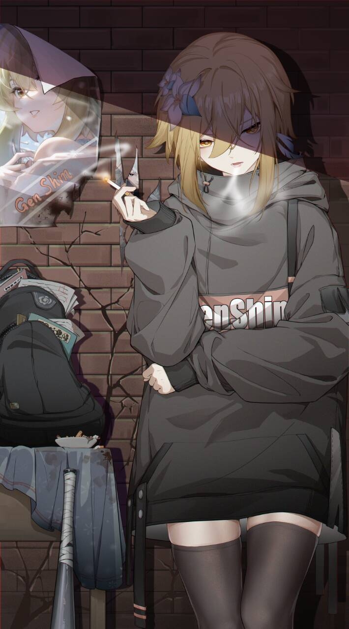 1girl aluminum_bat backpack bag bangs black_hoodie black_thighhighs blonde_hair brick_wall cigarette flower genshin_impact hair_flower hair_ornament highres holding holding_cigarette hood hoodie long_hair long_sleeves lumine_(genshin_impact) open_mouth poster_(object) qian_qian_qian smoke smoking solo thigh-highs white_flower yellow_eyes