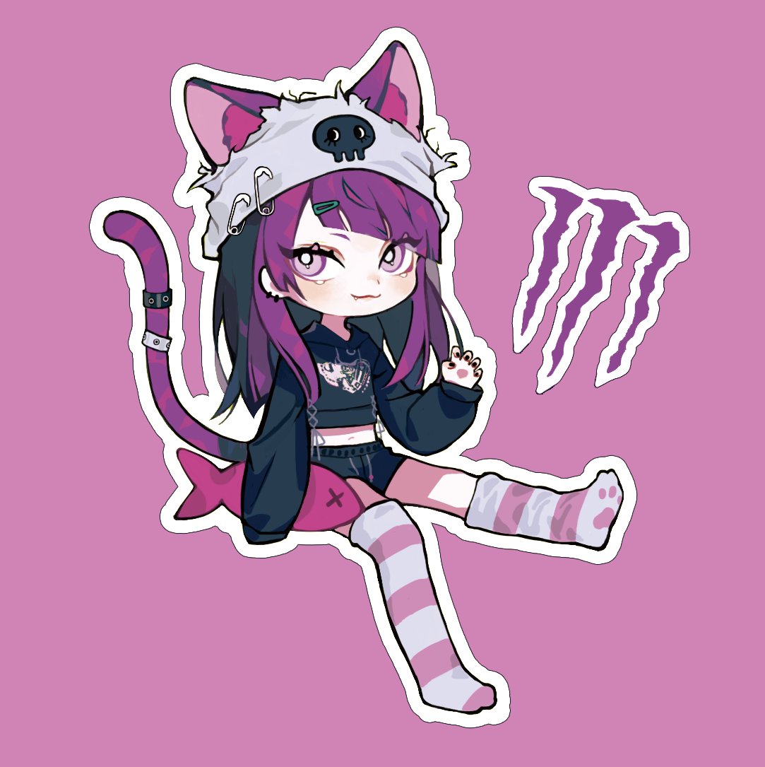 1girl animal_ears asymmetrical_bangs bangs beanie black_hoodie black_nails bright_pupils cat_ears cat_girl cat_tail chibi chinese_commentary claw_pose closed_mouth drawstring extra_ears fake_animal_ears fang fang_out grey_headwear hair_ornament hairclip hat hood hoodie idolmaster idolmaster_shiny_colors invisible_chair kkuang kneehighs long_hair looking_up midriff monster_energy nail_polish navel outline outstretched_leg paw_print_soles purple_background purple_hair purple_socks purple_theme safety_pin simple_background sitting skull_print sleeves_past_wrists socks solo striped striped_socks stuffed_animal stuffed_fish stuffed_toy tail tail_ornament tail_raised tail_ring tanaka_mamimi torn_clothes torn_hat violet_eyes white_pupils