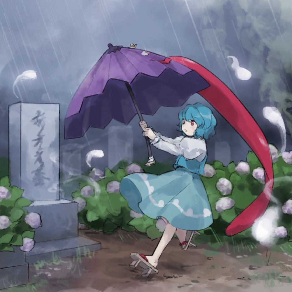 1girl bangs blue_eyes blue_hair brown_footwear full_body geta ghost graveyard heterochromia holding holding_umbrella juliet_sleeves kaigen_1025 karakasa_obake long_sleeves outdoors puffy_sleeves purple_umbrella rain red_eyes short_hair solo tatara_kogasa ten_desires tombstone tongue touhou umbrella