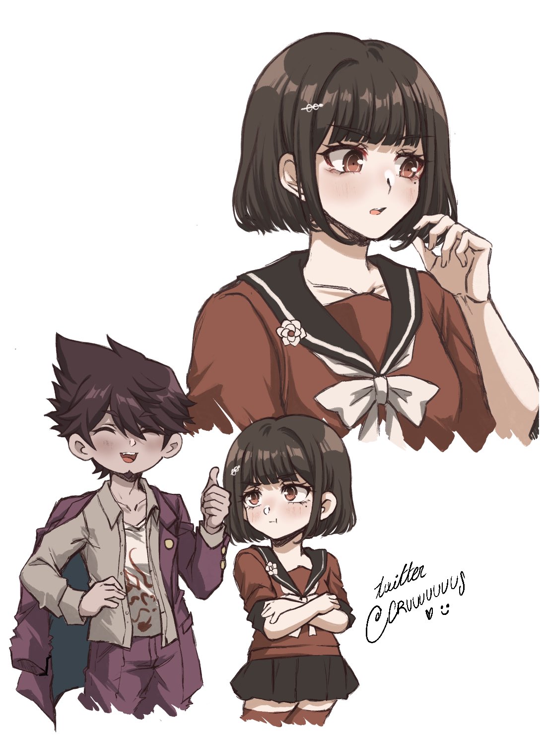 1boy 1girl ^_^ alternate_hair_length alternate_hairstyle black_hair black_skirt brown_hair closed_eyes criis-chan danganronpa_(series) danganronpa_v3:_killing_harmony facial_hair goatee harukawa_maki highres jacket mole mole_under_eye momota_kaito red_eyes short_hair skirt thigh-highs thumbs_up