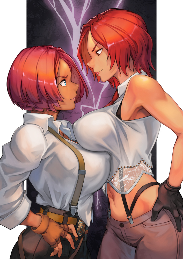 2girls asymmetrical_docking bell-bottoms belt breast_press breasts brown_gloves dark-skinned_female dark_skin docking giovanna_(guilty_gear) gloves gold_belt guilty_gear high-waist_pants hinoru_saikusa large_breasts multiple_belts multiple_girls necktie partially_unbuttoned plunging_neckline police_badge redhead sleeveless sleeves_pushed_up suspenders suspenders_hanging the_king_of_fighters vanessa_(kof)