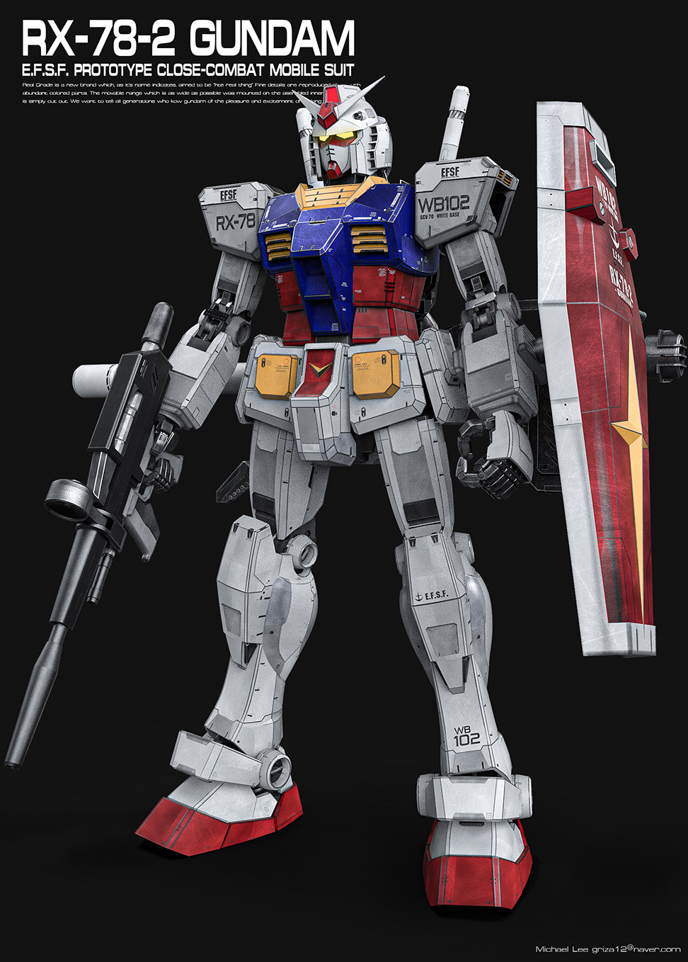 3d bazooka_(gundam) beam_rifle character_name earth_federation energy_gun english_commentary english_text gundam highres insignia machinery mecha michaellee4 mobile_suit mobile_suit_gundam no_humans realistic robot roundel rx-78-2 science_fiction shield signature solo weapon