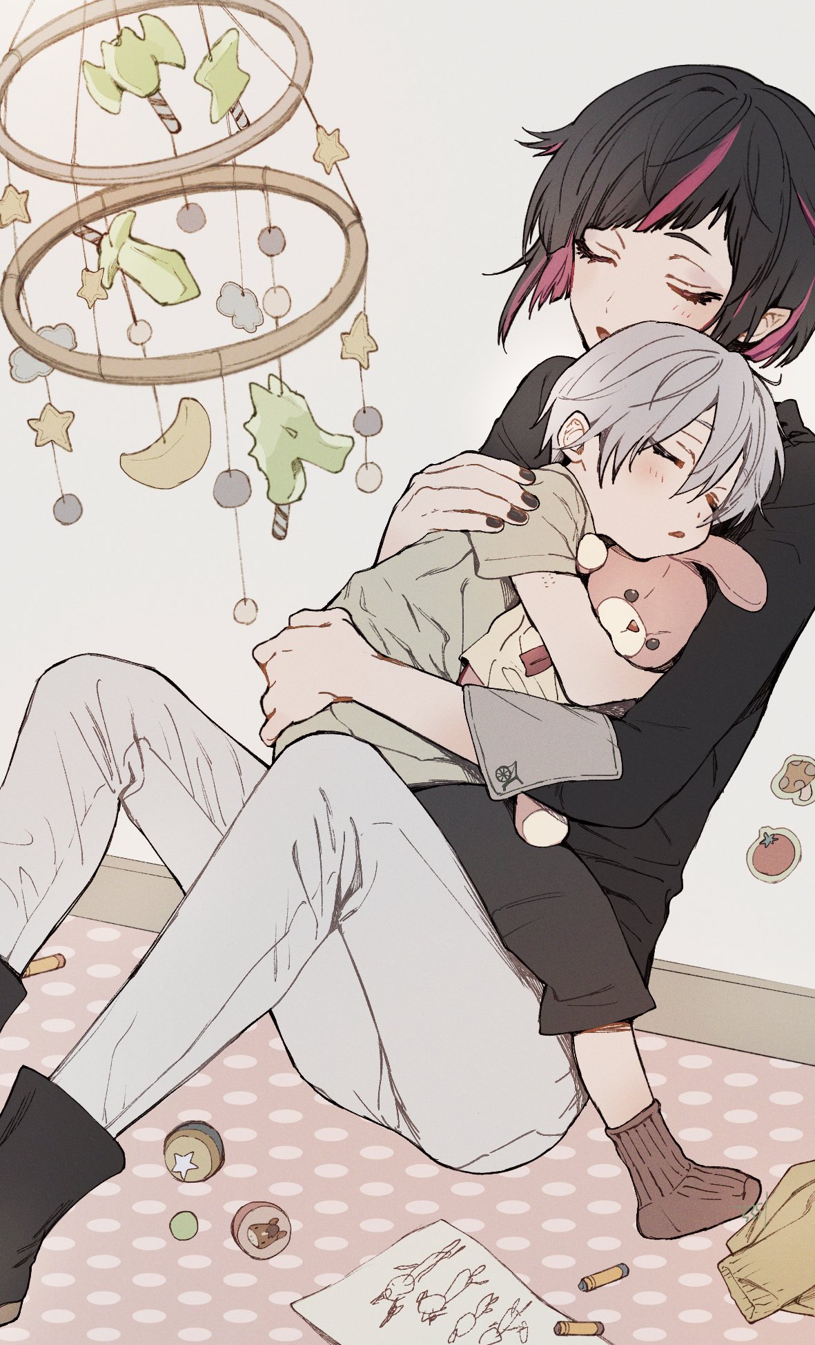2boys aged_down androgynous black_hair boots child closed_eyes commentary_request highres hug lilith_aensland male_child male_focus multicolored_hair multiple_boys okusawa_ritsu pants paper pink_hair pointy_ears short_hair short_sleeves silver_(twisted_wonderland) sleepy socks sticker streaked_hair stuffed_animal stuffed_toy twisted_wonderland white_pants