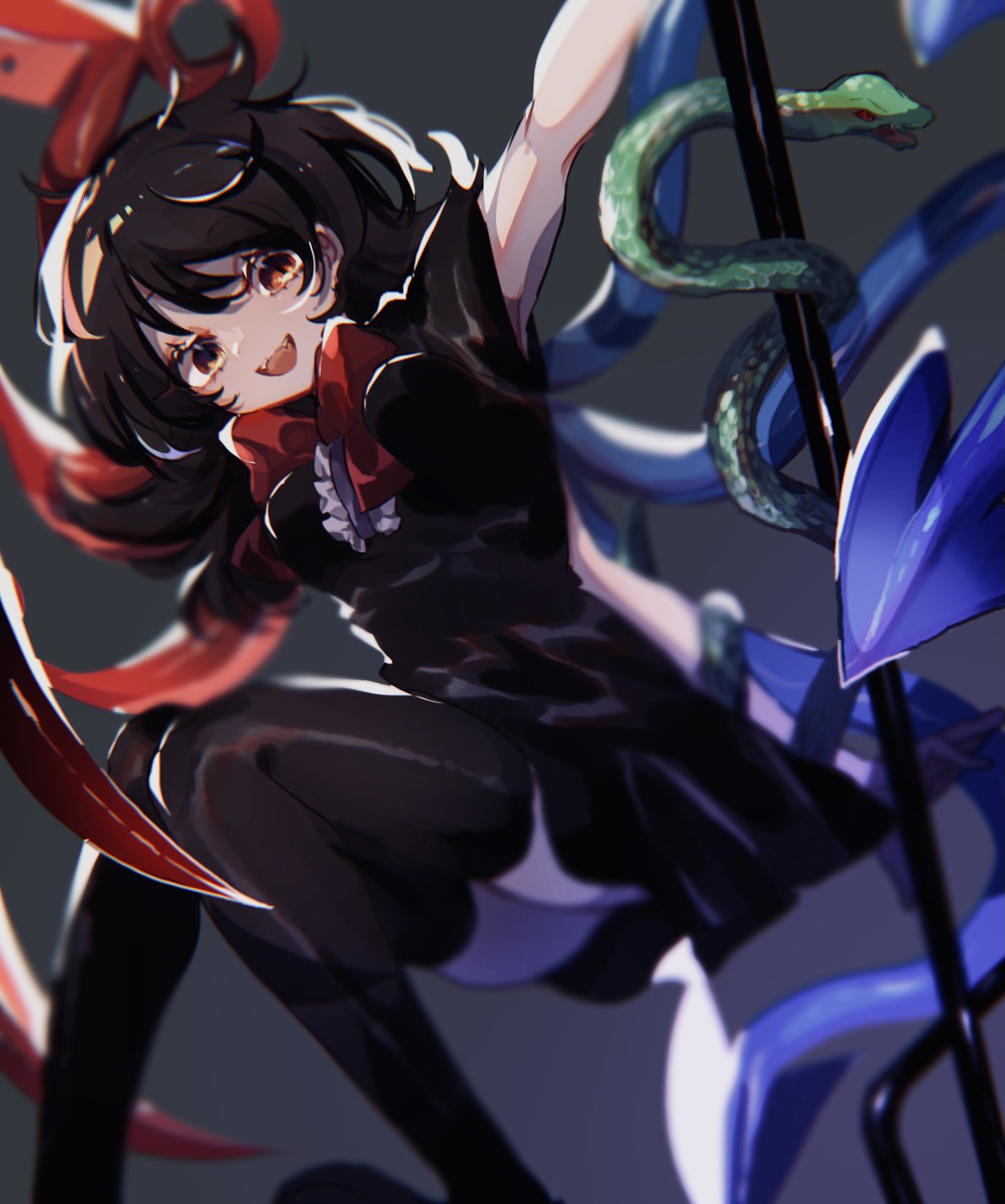 1girl :d arm_behind_back arm_up asymmetrical_wings ayahi_4 bangs black_dress black_hair black_thighhighs blue_wings bow bowtie center_frills commentary dress fangs feet_out_of_frame frills grey_background highres holding_trident houjuu_nue looking_at_viewer medium_hair open_mouth red_bow red_bowtie red_eyes red_wings short_dress short_sleeves smile snake solo thigh-highs touhou wings