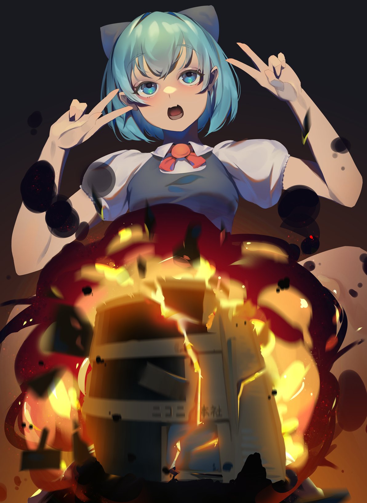 1girl annyui_(cookie) bangs bejili blue_bow blue_eyes blue_hair blush bow bowtie breasts cirno collared_shirt commentary_request cookie_(touhou) double_v explosion fire hair_bow highres niconico open_mouth puffy_short_sleeves puffy_sleeves red_bow red_bowtie shirt short_hair short_sleeves small_breasts solo touhou upper_body v white_shirt