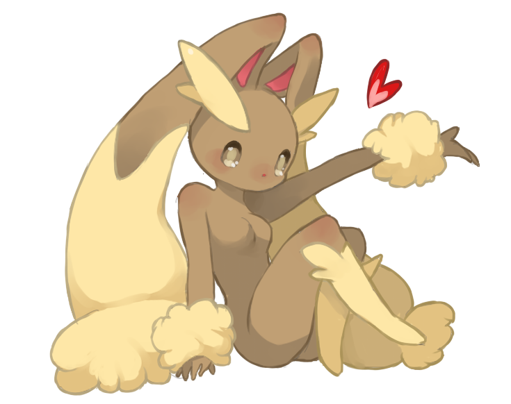 1girl alternate_eye_color animal_ears animal_nose arm_support arm_up blush body_fur breasts brown_eyes brown_fur commentary english_commentary full_body furry furry_female heart knees_together_feet_apart leg_up legs light_blush looking_at_viewer lopunny nose_blush outstretched_arm pokemon pokemon_(creature) puddingx2 rabbit_ears rabbit_girl simple_background sitting small_breasts solo two-tone_fur white_background yellow_fur