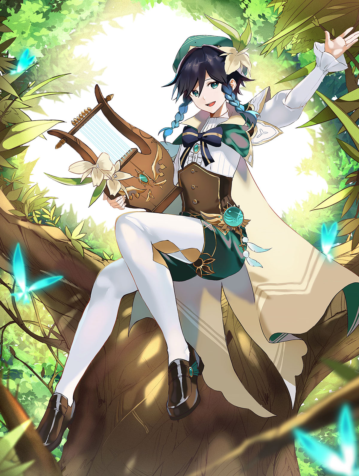 1boy androgynous aqua_eyes aqua_hair bangs bard beret bishounen black_hair blue_eyes blue_hair braid brooch brown_footwear cape commentary_request crop_top fairy fairy_wings flower frilled_sleeves frills genshin_impact gradient_hair green_eyes green_headwear green_shorts harp hat hat_flower highres holding holding_instrument in_tree instrument jewelry long_sleeves looking_at_viewer male_focus multicolored_hair open_mouth pantyhose ruz00141 short_hair_with_long_locks shorts sitting sitting_in_tree smile solo tree twin_braids venti_(genshin_impact) wings