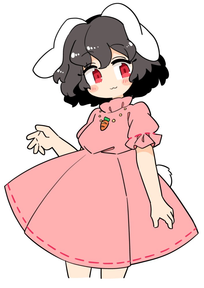 1girl :3 animal_ears black_hair blush closed_mouth cropped_legs dress hair_between_eyes inaba_tewi ini_(inunabe00) pink_dress rabbit_ears rabbit_tail red_eyes short_hair short_sleeves simple_background smile solo tail touhou white_background