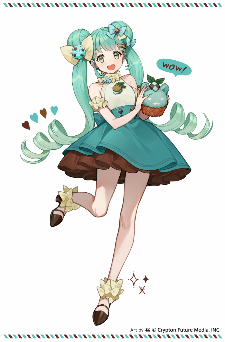 1girl :d aqua_skirt arm_scrunchie bow bowtie brown_skirt checkerboard_cookie company_name cookie dessert double_bun drill_hair food food-themed_hair_ornament fork_hair_ornament full_body green_eyes hair_bow hair_bun hair_ornament hairclip hatsune_miku highres holding holding_food ice_cream_hair_ornament long_hair skirt smile spoon_hair_ornament standing twintails very_long_hair vocaloid white_background yuu_(higashi_no_penguin)