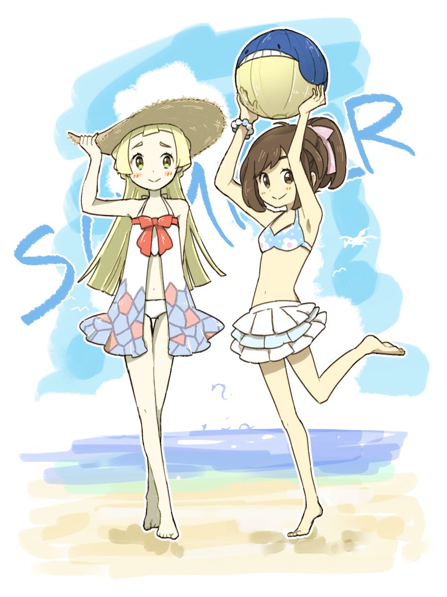 2girls alternate_hairstyle ball barefoot beachball bikini blonde_hair brown_hair english_text frilled_swimsuit frills hat highres lillie_(pokemon) miu_(miuuu_721) multiple_girls navel no_headwear pokemon pokemon_(game) pokemon_sm selene_(pokemon) summer sun_hat swimsuit wailmer