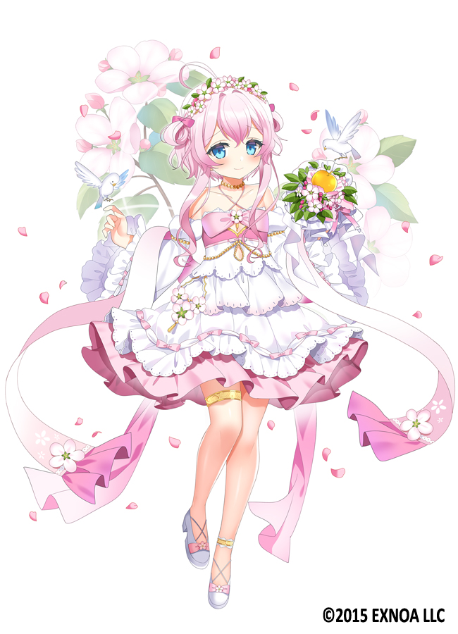 1girl ahoge bare_legs bird blue_eyes bouquet bow bride closed_mouth collarbone detached_sleeves dress dress_bow flat_chest flower flower_knight_girl full_body hair_flower hair_ornament head_wreath holding holding_bouquet kurot layered_dress looking_at_viewer object_namesake official_art petals pink_bow pink_hair raised_eyebrows ringo_(flower_knight_girl) shoes short_hair simple_background smile solo thighlet white_background white_bird white_dress white_footwear white_sleeves