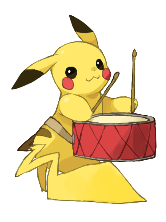 :3 black_eyes blank_eyes blush_stickers closed_mouth commentary drum drumsticks english_commentary full_body hands_up happy holding holding_drumsticks instrument looking_at_viewer no_humans pikachu pokemon pokemon_(creature) puddingx2 simple_background smile solo white_background