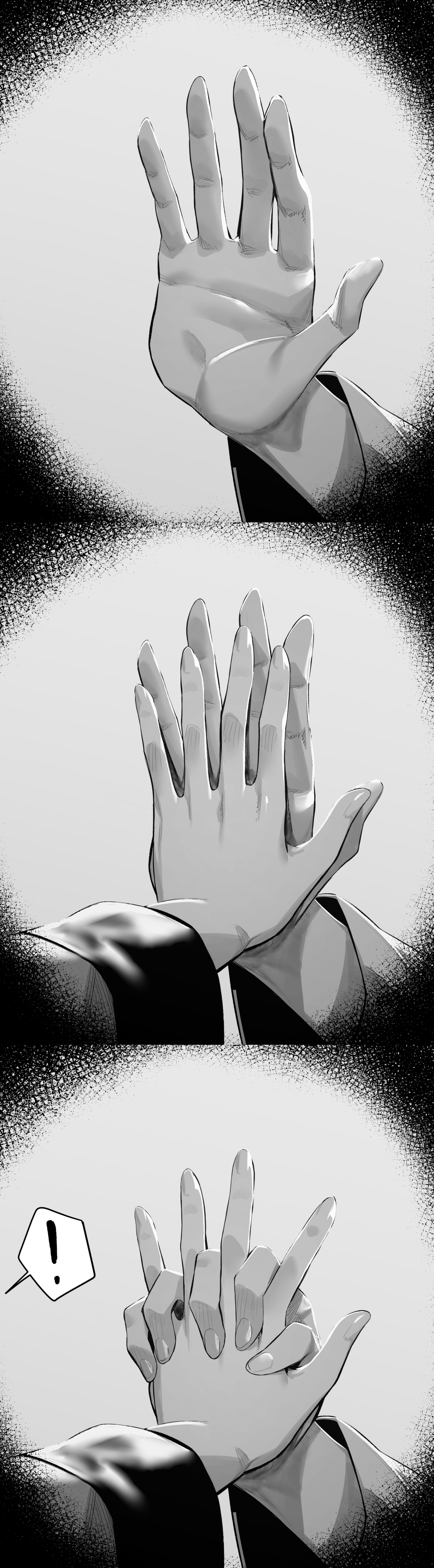 ! 1boy 1girl absurdres fate/grand_order fate_(series) fingernails florence_nightingale_(fate) fujimaru_ritsuka_(male) greyscale head_out_of_frame highres hxd interlocked_fingers monochrome spoken_exclamation_mark