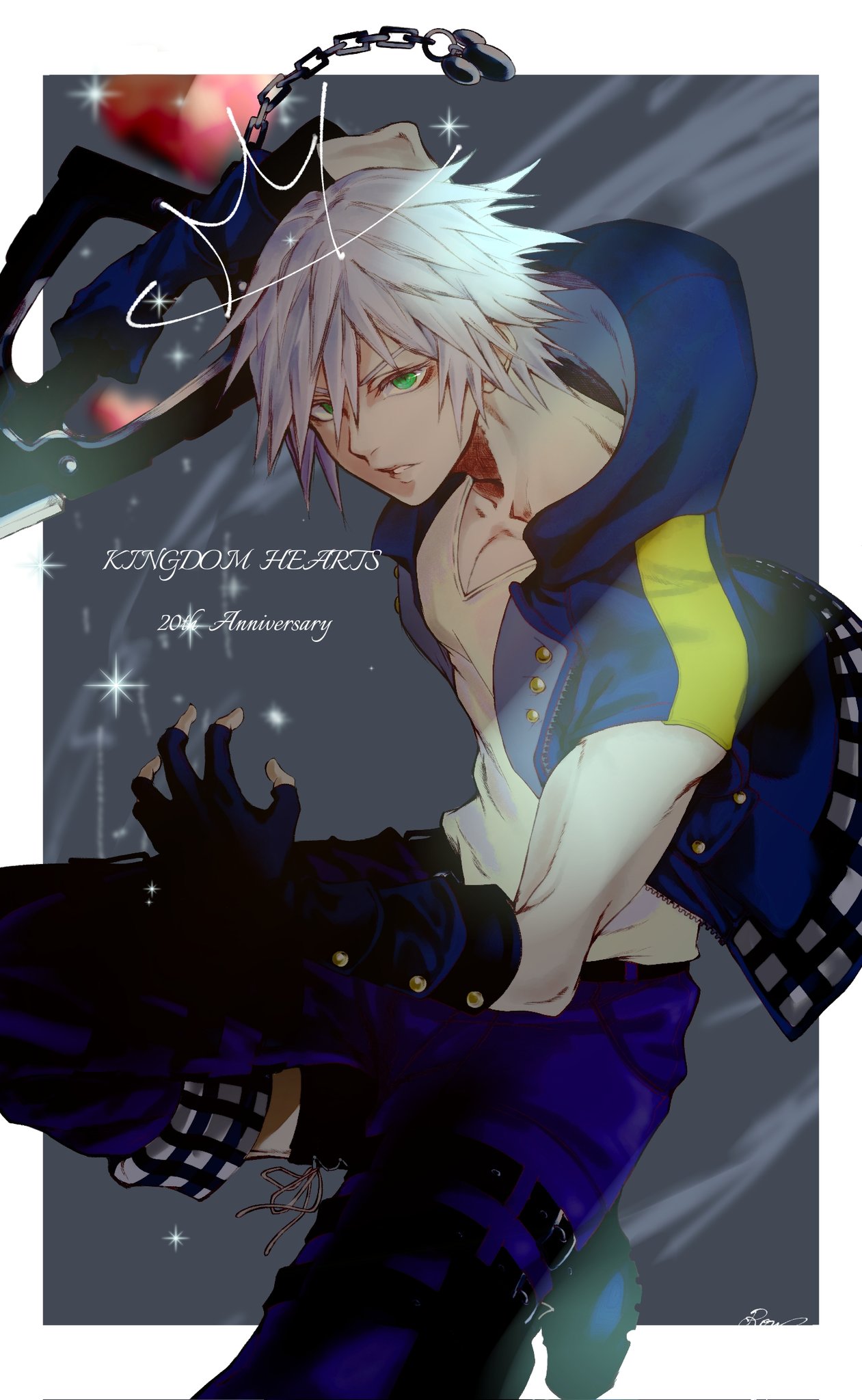 1boy aqua_eyes black_gloves blue_hoodie blue_pants border collarbone cowboy_shot crow_illust fighting_stance fingerless_gloves gloves grey_background grey_hair hair_between_eyes highres holding holding_weapon hood hood_down hoodie keyblade kingdom_hearts kingdom_hearts_iii looking_at_viewer male_focus pants pants_rolled_up parted_lips riku_(kingdom_hearts) shirt short_hair solo weapon white_shirt