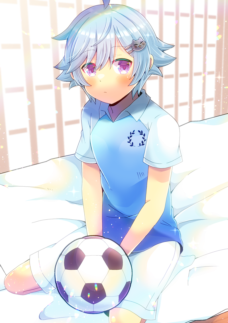 1boy ball bed blue_hair blush closed_mouth commission embarrassed indie_virtual_youtuber kou_hiyoyo looking_at_viewer male_focus revan_caedus short_hair sitting skeb_commission soccer_ball solo violet_eyes virtual_youtuber