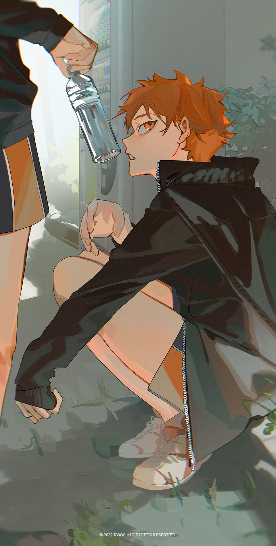 2boys black_jacket black_shorts bottle haikyuu!! hair_behind_ear highres hinata_shouyou holding holding_bottle jacket k00s karasuno_volleyball_uniform looking_up male_focus multiple_boys open_hand orange_eyes orange_hair plastic_bottle shorts solo_focus squatting vending_machine water_bottle