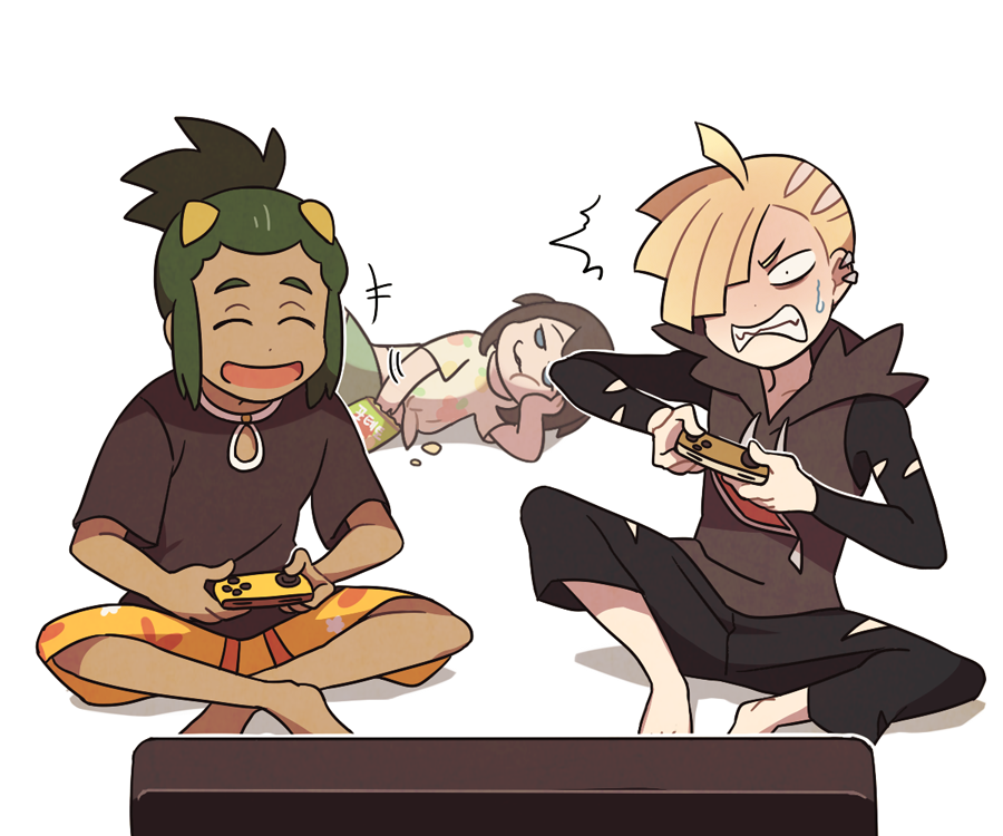 +++ 1girl 2boys ahoge bag bangs barefoot black_pants black_shirt blonde_hair chips clenched_teeth closed_eyes commentary dark-skinned_male dark_skin ear_piercing eating food gladion_(pokemon) green_hair green_shorts grey_vest hair_over_one_eye hau_(pokemon) hood hooded_vest hoodie multiple_boys nintendo_switch pants piercing playing_games pokemon pokemon_(game) pokemon_sm selene_(pokemon) shirt short_hair short_ponytail short_sleeves shorts simple_background sitting ssalbulre tassel teeth television tied_shirt torn_clothes torn_pants torn_shirt vest white_background