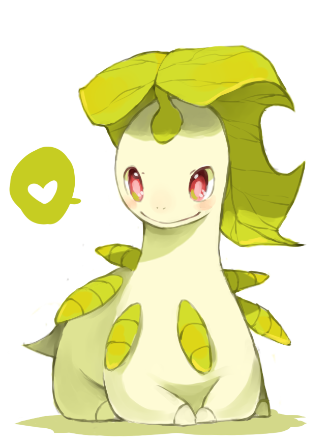 bayleef blush closed_mouth commentary english_commentary full_body green_theme happy heart leaf looking_at_viewer pokemon pokemon_(creature) puddingx2 red_eyes simple_background sitting smile speech_bubble spoken_heart white_background