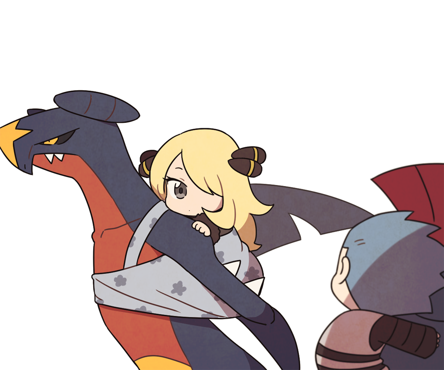 1boy 1girl black_shirt blonde_hair blue_hair chibi coat commentary cynthia_(pokemon) cyrus_(pokemon) eye_contact eyelashes fur-trimmed_coat fur_trim garchomp grey_eyes hair_ornament hair_over_one_eye long_sleeves looking_at_another looking_to_the_side pokemon pokemon_(creature) pokemon_(game) pokemon_dppt riding riding_pokemon shirt simple_background ssalbulre vest weavile white_background