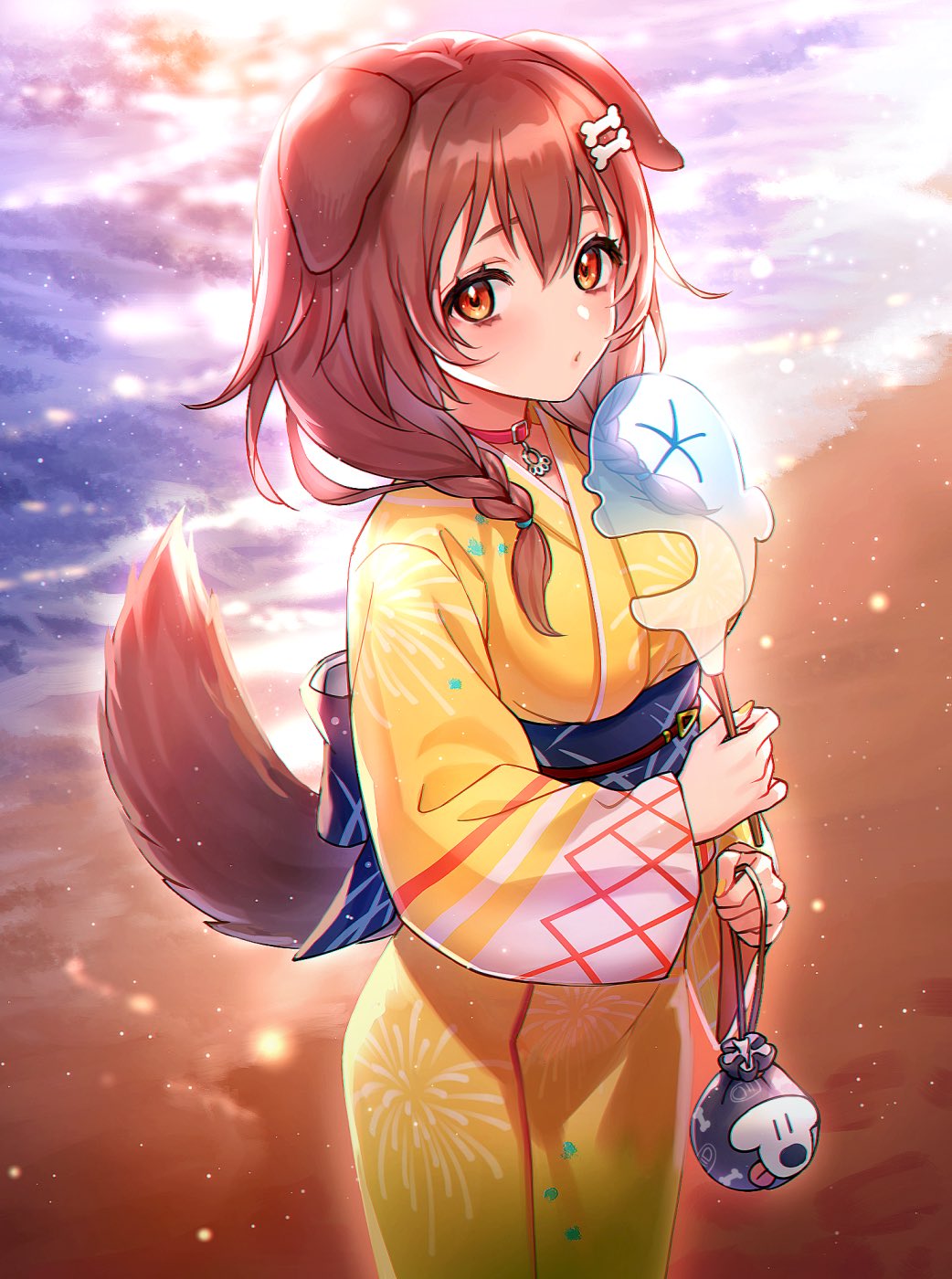 1girl alternate_costume animal_collar animal_ears bag beach blush bone_hair_ornament braid breasts brown_hair collar commentary cowboy_shot dawn dog_ears dog_girl dog_tail fireworks_print hair_ornament hand_fan highres holding holding_bag holding_fan hololive hoso-inu inugami_korone japanese_clothes kimono kinchaku light_particles listener_(inugami_korone) looking_at_viewer medium_breasts medium_hair obi obijime outdoors paper_fan parted_lips pouch red_collar red_eyes ria_(lya_s2) sash solo standing sunlight tail twin_braids uchiwa virtual_youtuber yellow_kimono yukata