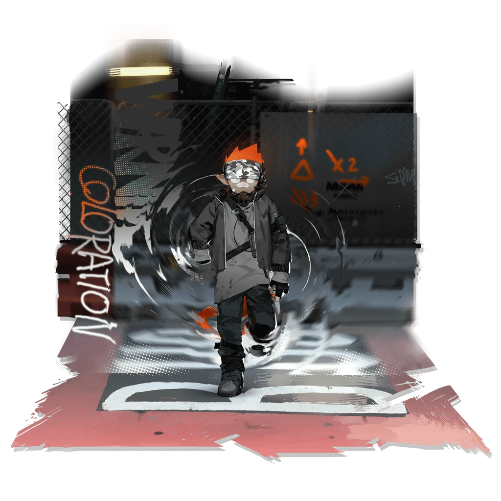 1boy alternate_hair_color arknights artist_request black_gloves bow chameleon_tail coat colored_sclera dark-skinned_male dark_skin ethan_(arknights) facial_hair full_body gloves goggles goggles_on_head graffiti grey_sclera grin hand_on_hip hood hood_down hooded_coat male_focus mouth_hold non-web_source nose_tape official_art oversized_zipper pointy_ears polka_dot red_bow redhead shaded_face smile solo source_request tail teeth white_coat white_eyes zipper