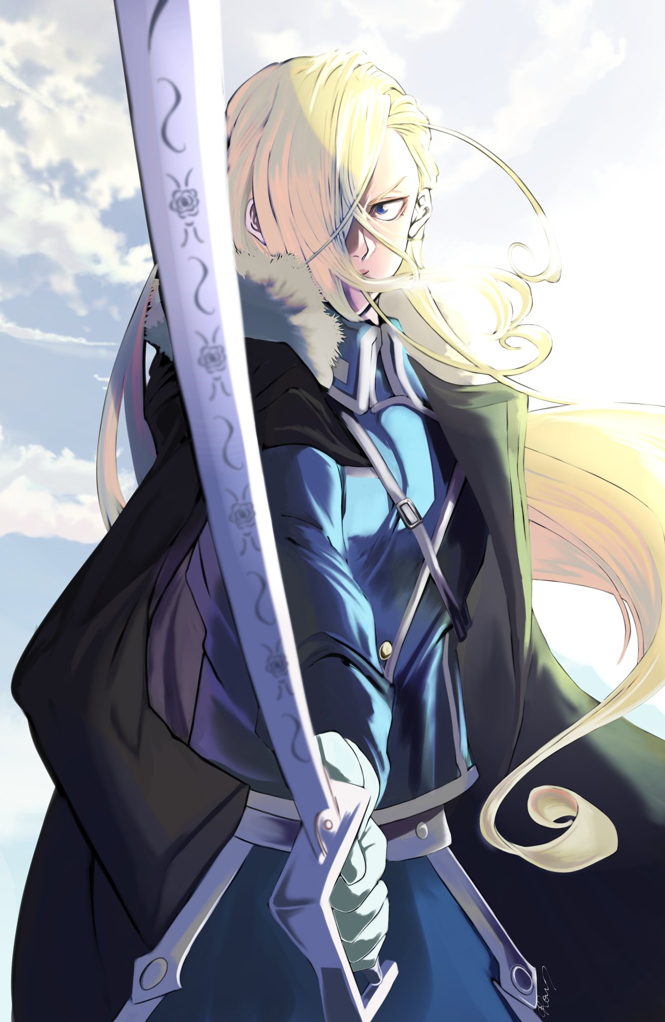 1girl asymmetrical_hair black_cape blonde_hair blue_eyes blue_jacket blue_pants cape clouds cloudy_sky cowboy_shot crow_illust fighting_stance fullmetal_alchemist fur_collar gloves hair_over_one_eye high_collar highres holding holding_sword holding_weapon jacket long_hair long_sleeves looking_at_viewer military military_uniform olivier_mira_armstrong one_eye_covered outdoors pants sky solo sunlight sword uniform weapon white_gloves