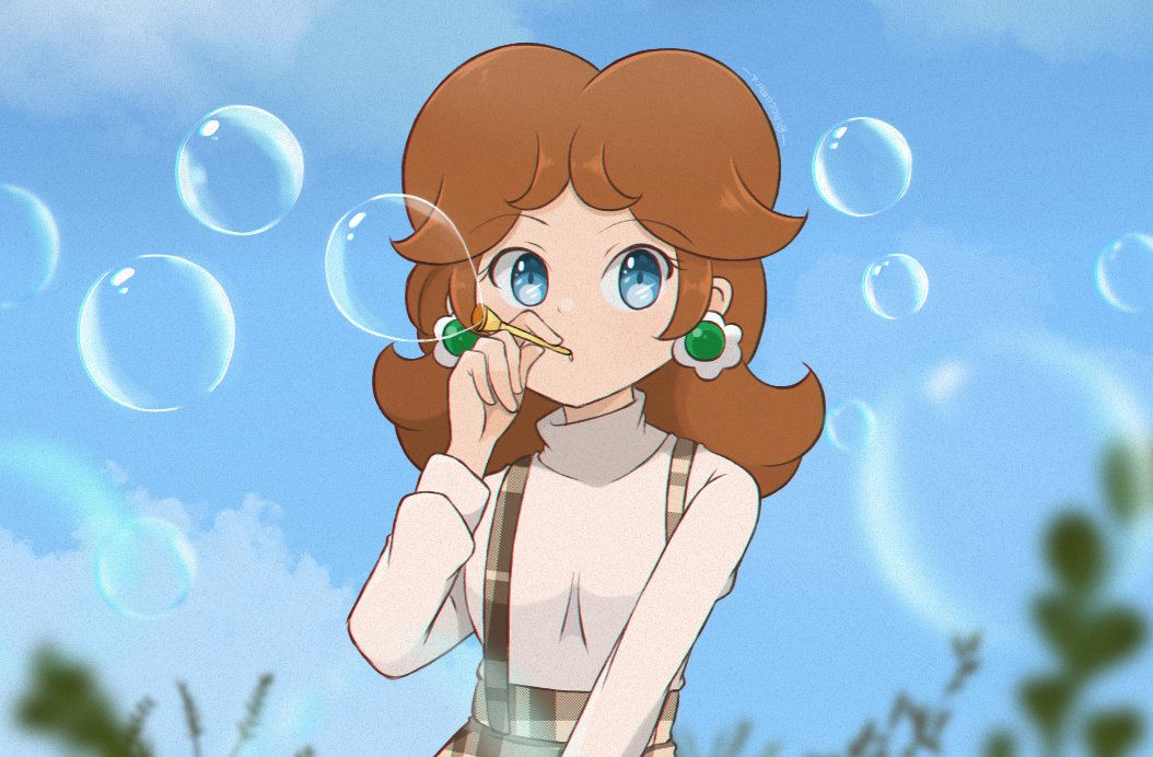 1girl alternate_costume brown_hair bubble bubble_blowing chocomiru crown crown_removed earrings eyebrows_hidden_by_hair jewelry non-web_source princess_daisy sky solo source_request super_mario_bros. sweater tiara_removed turtleneck turtleneck_sweater upper_body