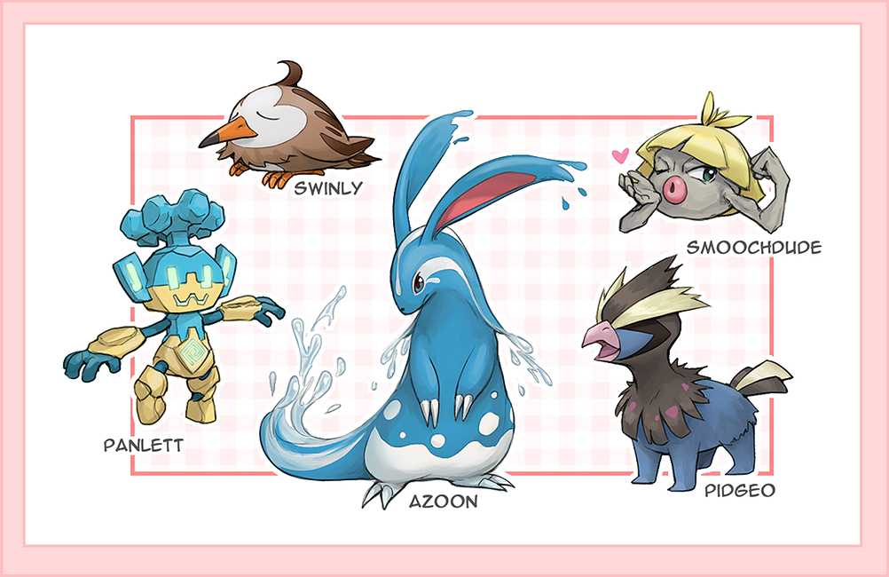 azumarill bird border character_name claws closed_eyes closed_mouth commentary deino_(pokemon) framed fusion geodude golett heart kazuko_(towa) linoone no_humans panpour pidgey pink_border pokemon pokemon_(creature) smoochum starly swinub water