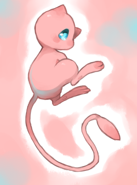 animal_focus blue_eyes blush commentary english_commentary floating from_side full_body mew no_humans outline pawpads pink_background pink_theme pokemon pokemon_(creature) puddingx2 simple_background solo white_outline