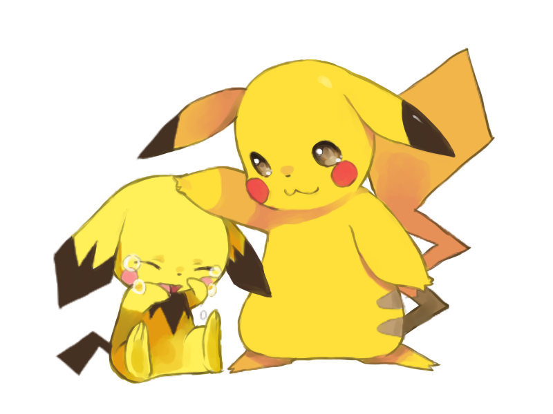:3 ^_^ animal_focus blush_stickers brown_eyes closed_eyes closed_mouth commentary crying english_commentary full_body hand_on_another's_head happy headpat looking_at_another looking_down no_humans open_mouth pichu pikachu pokemon pokemon_(creature) puddingx2 sad simple_background sitting smile standing tears white_background yellow_theme