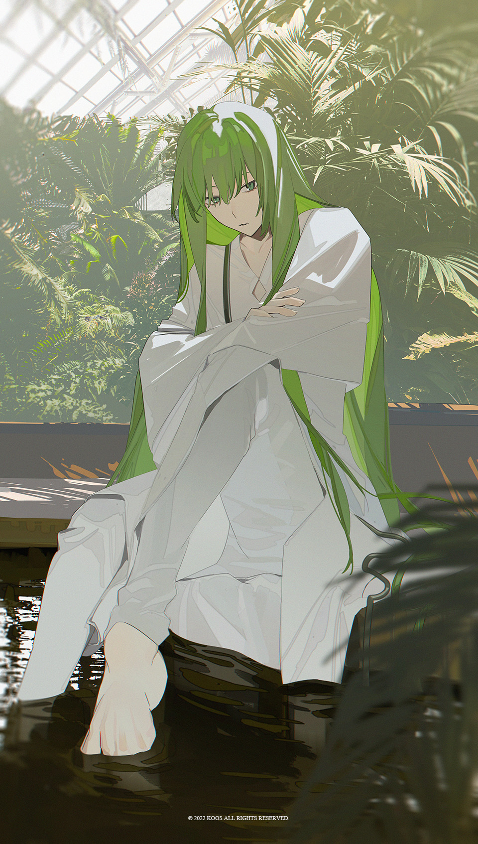 1other androgynous bangs barefoot closed_mouth enkidu_(fate) expressionless fate/grand_order fate_(series) green_eyes green_hair highres k00s light_green_hair long_hair long_sleeves looking_at_viewer no_shoes pants robe sitting solo toga very_long_hair white_pants white_robe