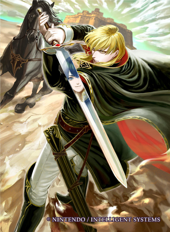 2boys ares_(fire_emblem) bangs belt black_cape black_footwear black_jacket blonde_hair blue_eyes blue_hair boots brown_belt cape castle commentary_request fire_emblem fire_emblem:_genealogy_of_the_holy_war fire_emblem_cipher foot_out_of_frame holding holding_sword holding_weapon horse jacket long_sleeves looking_at_viewer male_focus moyatarou multiple_boys official_art outdoors pants reflection scabbard seliph_(fire_emblem) sheath short_hair solo_focus standing sword weapon white_pants yellow_eyes