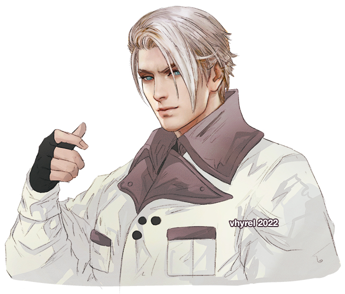 1boy artist_name asymmetrical_hair bangs black_gloves blonde_hair blue_eyes buttons final_fantasy final_fantasy_vii final_fantasy_vii_remake fingerless_gloves gloves hair_over_one_eye hand_up high_collar jacket long_sleeves looking_at_viewer male_focus parted_bangs rufus_shinra short_hair smile solo upper_body vhyrel white_background white_jacket